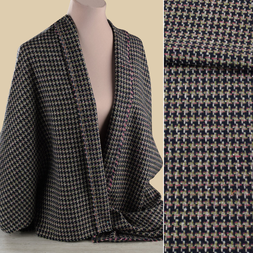 Рогожка костюмна синя, рожево-зелена гусяча лапка ш.150