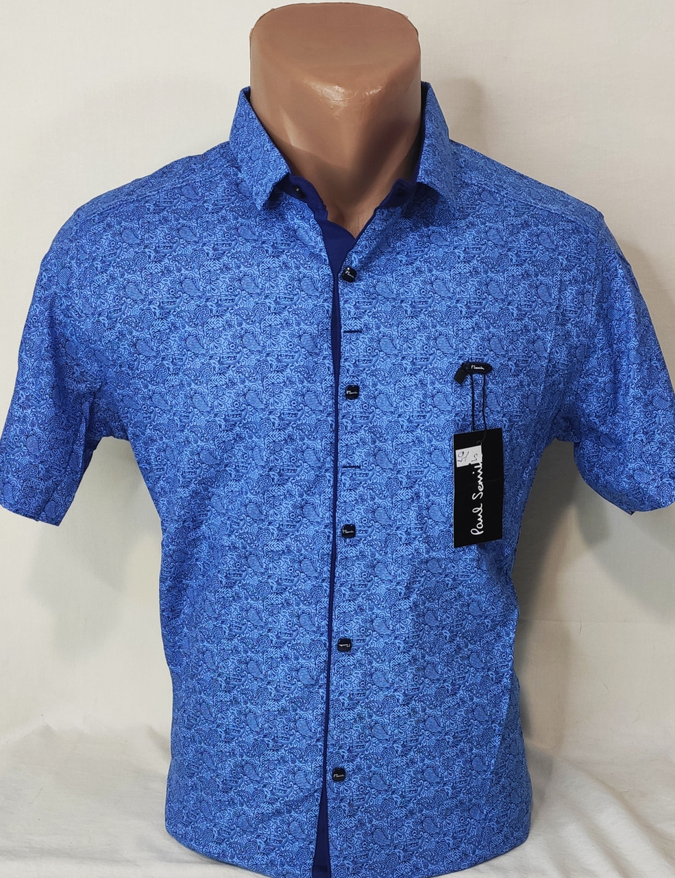 Чоловіча сорочка з коротким рукавом Paul Smith vk-0091 блакитна приталені в принт стретч Туреччина теніска S