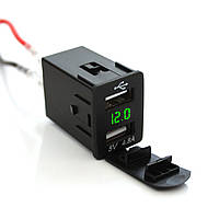 USB розетка F4 автомобільна прямокутна врізна (12-24В, 2 USB, 4.8А, з кришкою, із зеленим підсвічуванням)