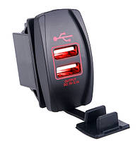 USB розетка F1 автомобильная прямоугольная врезная (12-24В, 2 USB, 3.1А, с крышкой, с красной подсветкой)