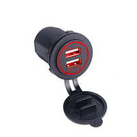 USB розетка SF-50-2 автомобільна кругла врізна (12-24В, 2 USB, 3.1А, з кришкою, з червоним підсвічуванням)