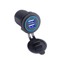 USB розетка SF-50-2 автомобільна кругла врізна (12-24В, 2 USB, 3.1А, з кришкою, з синім підсвічуванням)