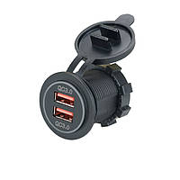 USB розетка Р19 автомобільна кругла врізна (12-24В, 2 USB QC 3.0, з кришкою, із зеленим підсвічуванням)