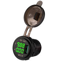 USB розетка Р11 автомобільна кругла врізна з вольтметром та амперметром (12-24В, USB QC 3.0, із зеленим підсвічуванням)