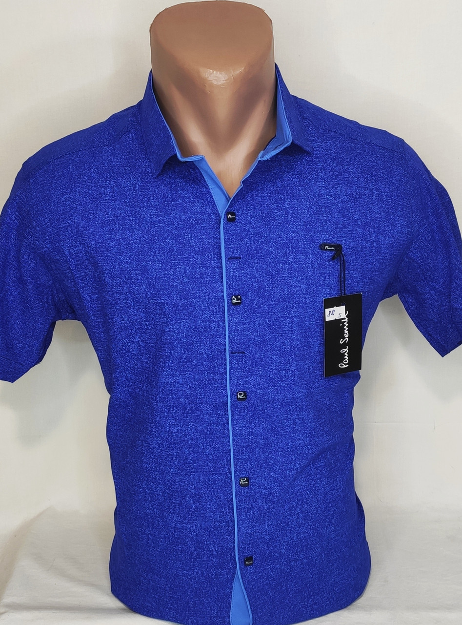 Чоловіча сорочка з коротким рукавом vk-0088 Paul Smith синя у візерунок приталені стрейч Туреччина теніска XL