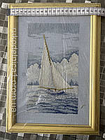 Вышитая картина крестиком нитками Мулине ДМС Одинокий белый парус. 18 на 27.5 см
