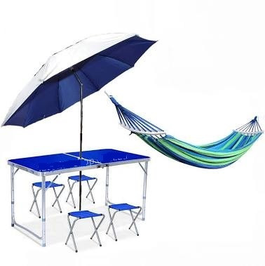 Туристичний стіл + 4 стільці для пікніка + компактний парасолька 1,6 м + гамак (80*190), фото 1