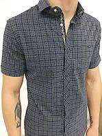 Мужская рубашка (шведка) с коротким рукавом, синяя клетка, хлопок с добавлением стрейча, приталенная, кнопка