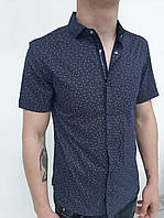 Мужская рубашка (шведка) с коротким рукавом, приталенная, синяя в точечку, хлопок, на кнопках