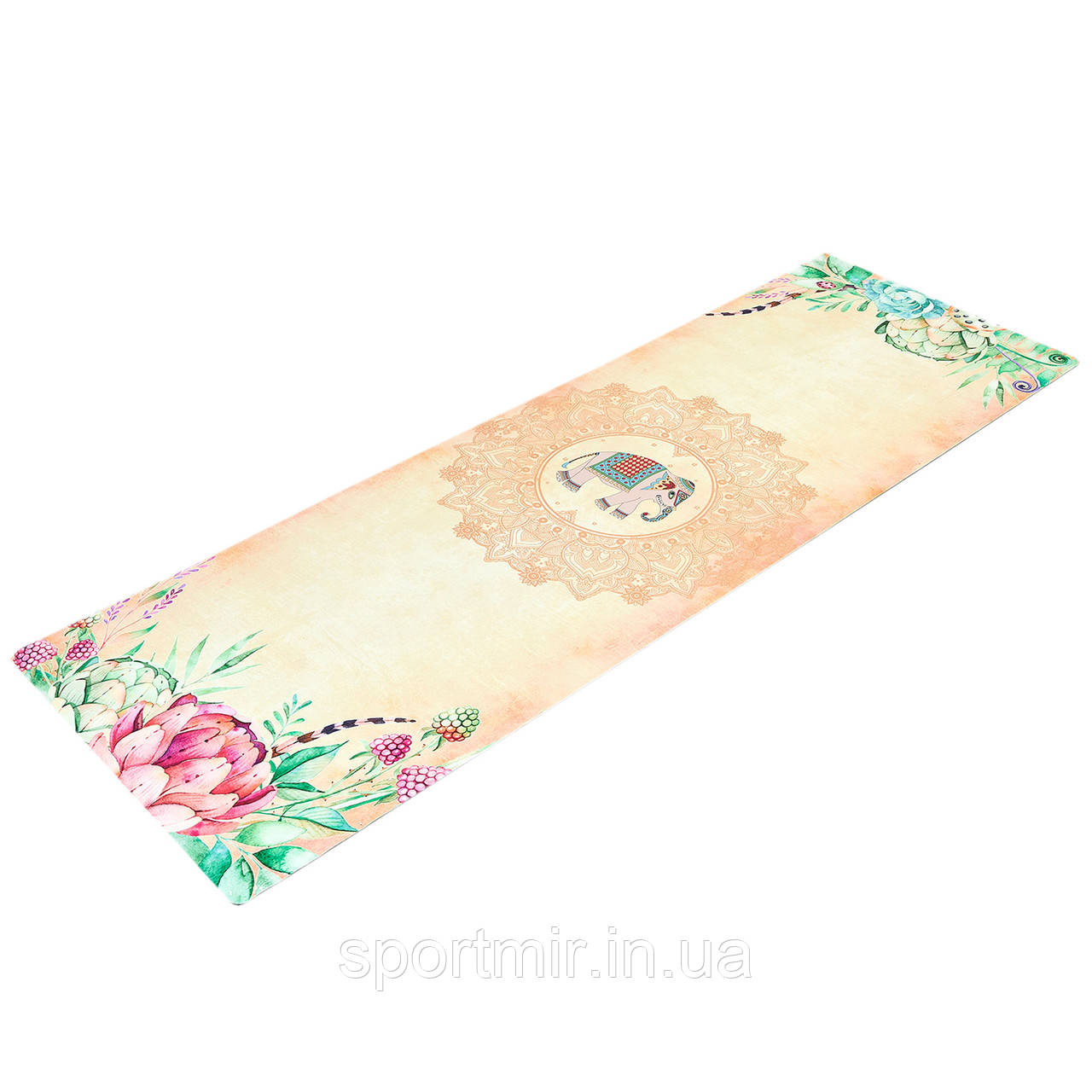 Коврик для йоги Замшевий каучуковий двошаровий 3м Record FI-5662-39 (бежевий, з принтом Слон і Сад), фото 1