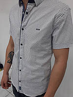 Мужская рубашка (шведка) с коротким рукавом, приталенная, белая в клеточку, хлопок, на кнопках, Турция