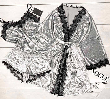 Жіночий велюровий халат із мереживом + піжамний комплект Жіночий домашній одяг