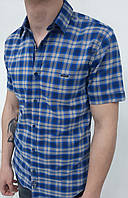 Мужская рубашка (шведка) с коротким рукавом, приталенная, синяя в серую клетку, хлопок с добавлением стрейча