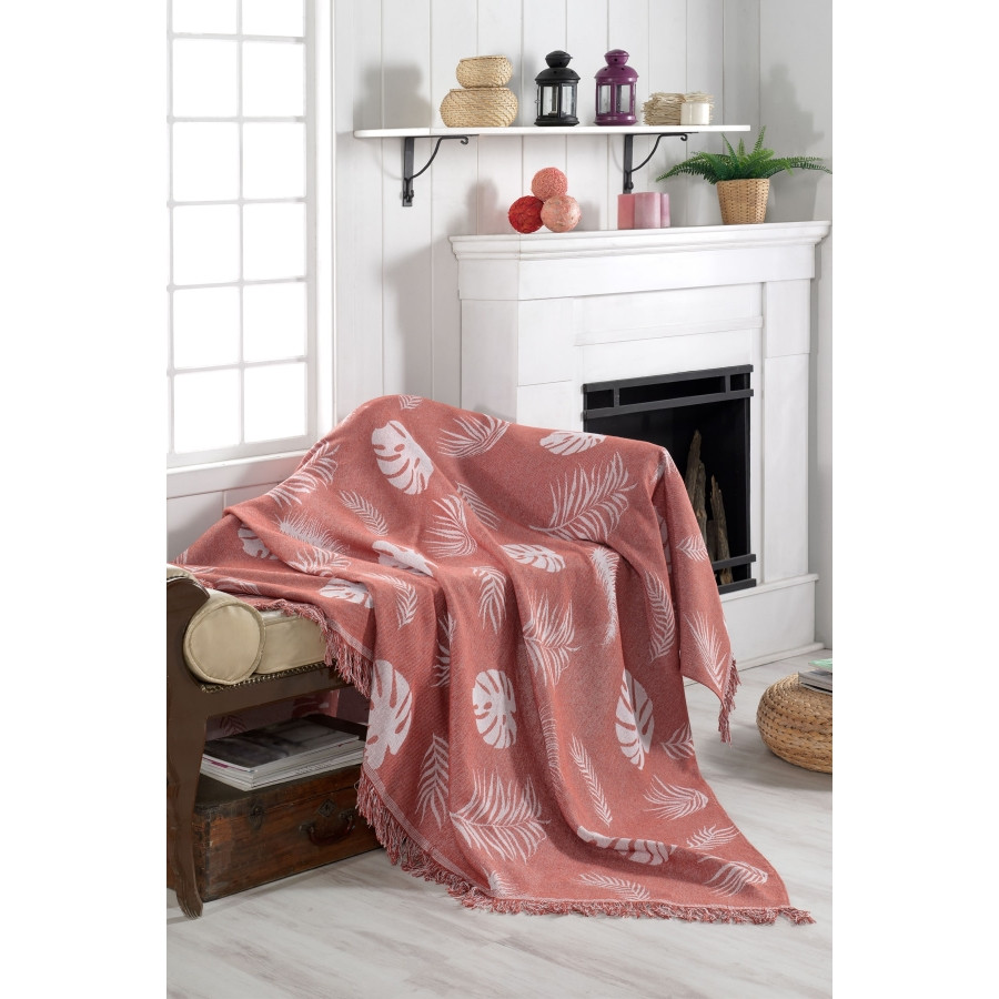 Плед-накидка Eponj Home Buldan Keten - Monstera 170*220 Сірий Цегляний