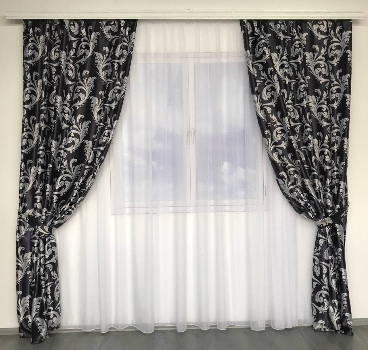 Штори велюр блекаут вензель чорні з білим шифоновим тюлем ALBO (SHTN-202-29), фото 1
