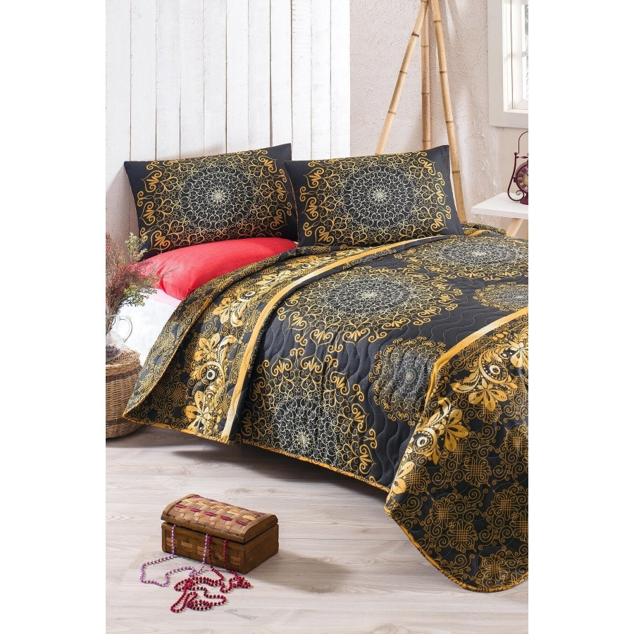 Покривало стьобане з наволочками Eponj Home - Sehri-Ala gold золотий 200*220