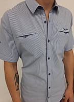 Мужская рубашка (шведка) с коротким рукавом, приталенная, белая в полоску, хлопок с добавлением стрейча