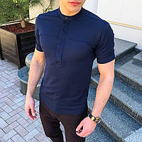 Рубашка мужская с коротким рукавом Vpered синяя Мужская рубашка льняная летняя