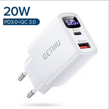 Зарядний пристрій для телефону з дисплеєм GETIHU PD3.0 20W Type C + USB порт.