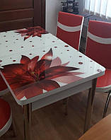 Раскладной обеденный кухонный комплект стол и стулья с 3D рисунком "Красный цветок" ДСП стекло 70*110 Лотос 3д