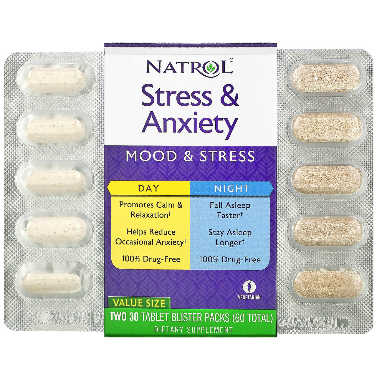 Комплекс від стресу Natrol "Stress & Anxiety, Day&Night" для приймання вдень і вночі (два блістери по 30 таблеток)