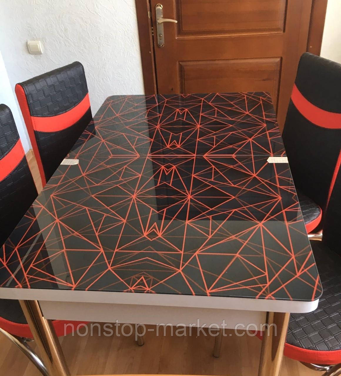 Розкладний обідній кухонний комплект стіл і стільці з 3D малюнком "Чорна геометрія" ДСП скло 70*110 Лотос-М 3д