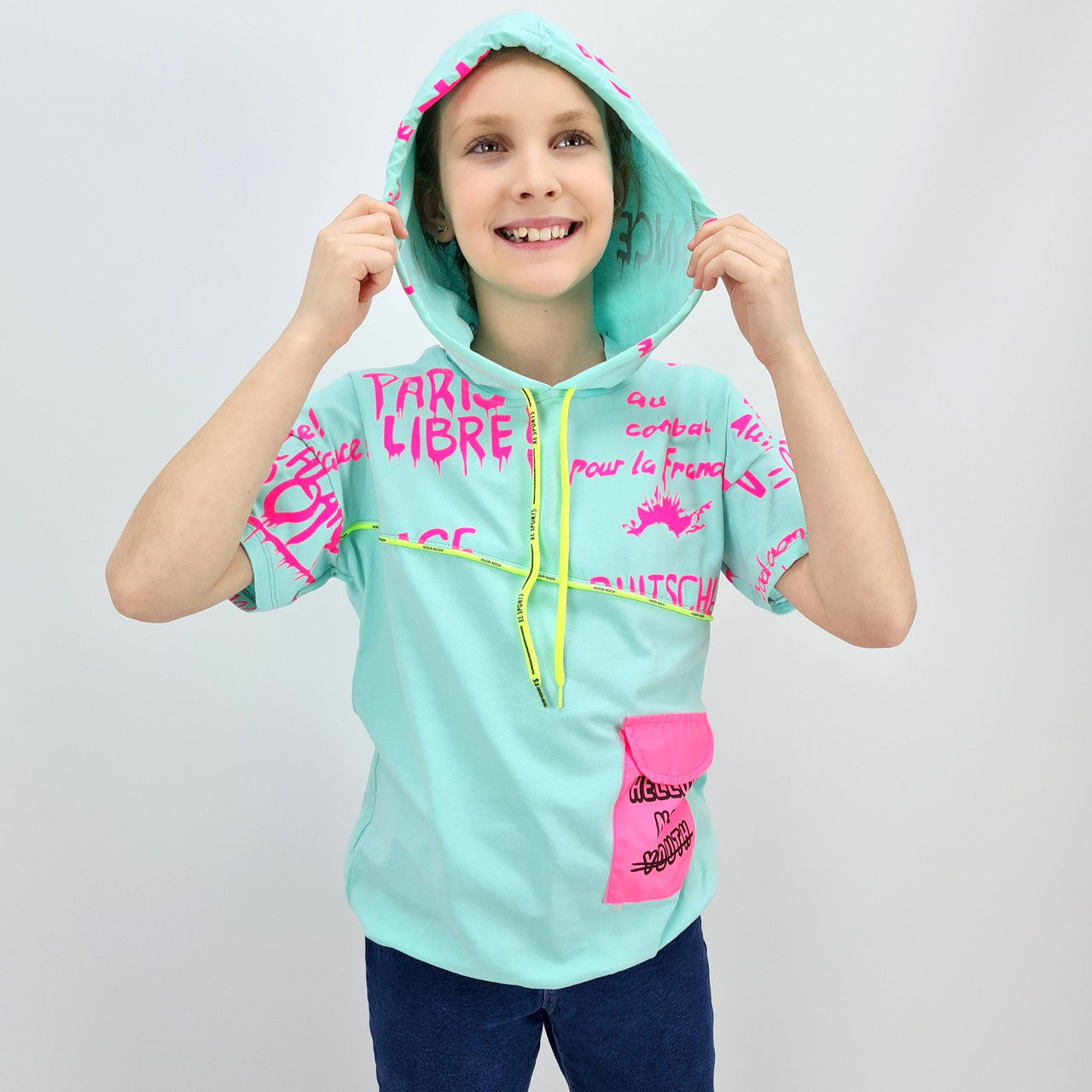 1330бір Бірюзова футболка для дівчинки з капюшоном км Walenti розмір 12-13, 152 см