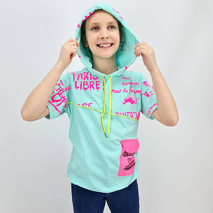 1330бір Бірюзова футболка для дівчинки з капюшоном км Walenti розмір 12-13, 152 см, фото 2