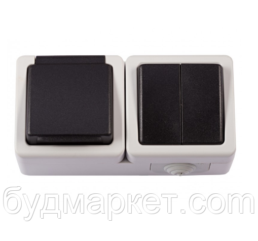 Вимикач LUXEL Debut 2-кл+розетка з/з з кришкою IP54 6533