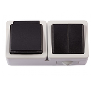 Вимикач LUXEL Debut 2-кл+розетка з/з з кришкою IP54 6533