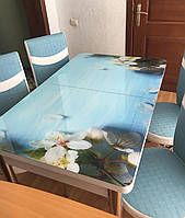 Раскладной обеденный кухонный комплект стол и стулья с 3D рисунком "Цветение лепестки" ДСП стекло 70*110 3д