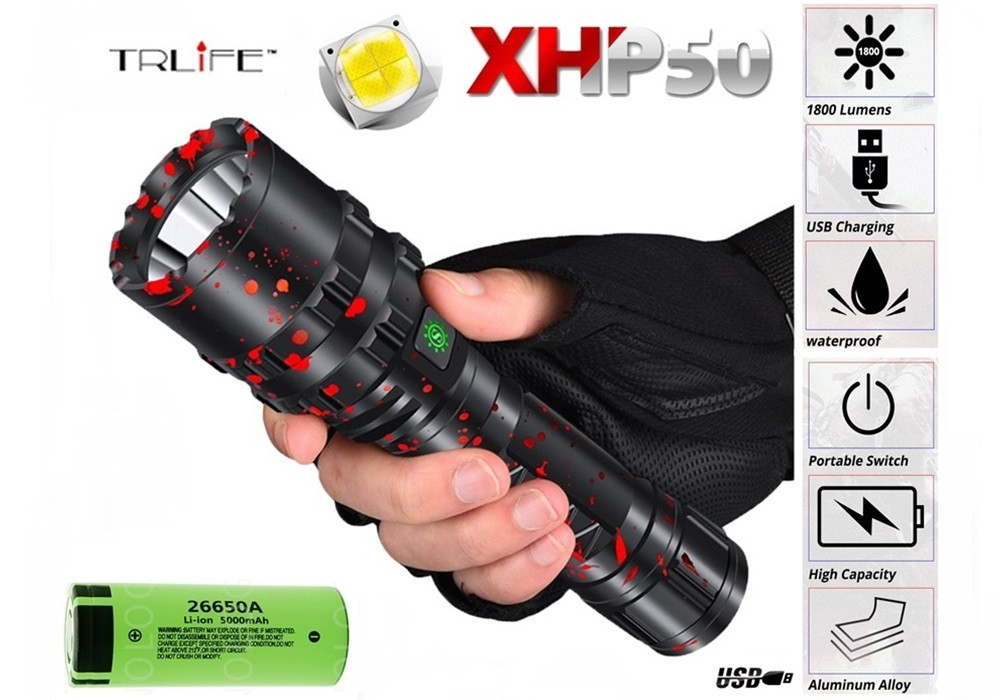 Далекобійний ліхтар XHP50 + Акумулятор 5000mAh TRLIFE Red-Black Camo Edition (1800LM, 1000м, USB, 26650), фото 1