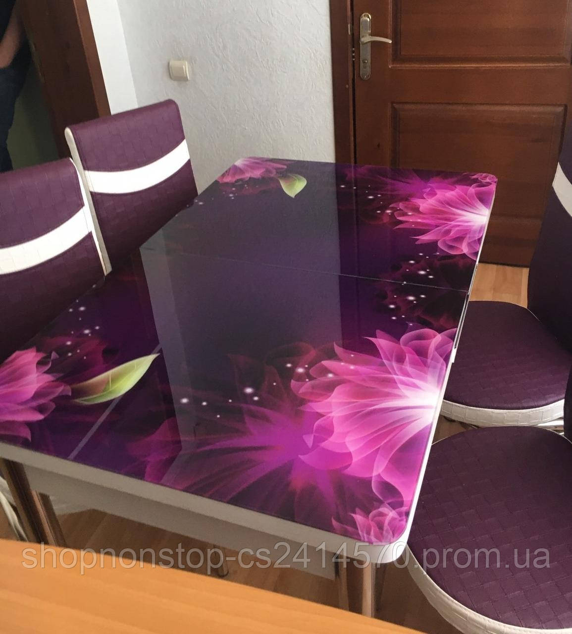Розкладний обідній кухонний комплект стіл і стільці з 3D малюнком "Фіолетові квіти" ДСП скло 70*110 Лотос-М 3д