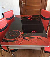 Раскладной обеденный кухонный комплект стол и стулья с 3D рисунком "Красный с черным" ДСП стекло 70*110 3д