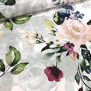 Тканина Польська бавовняна, квіти великі пудрово-сині акварель No1 на білому