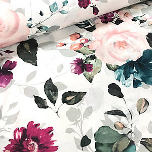 Тканина Польська бавовняна, квіти великі пудрово-бірюзові акварель на білому (0321)