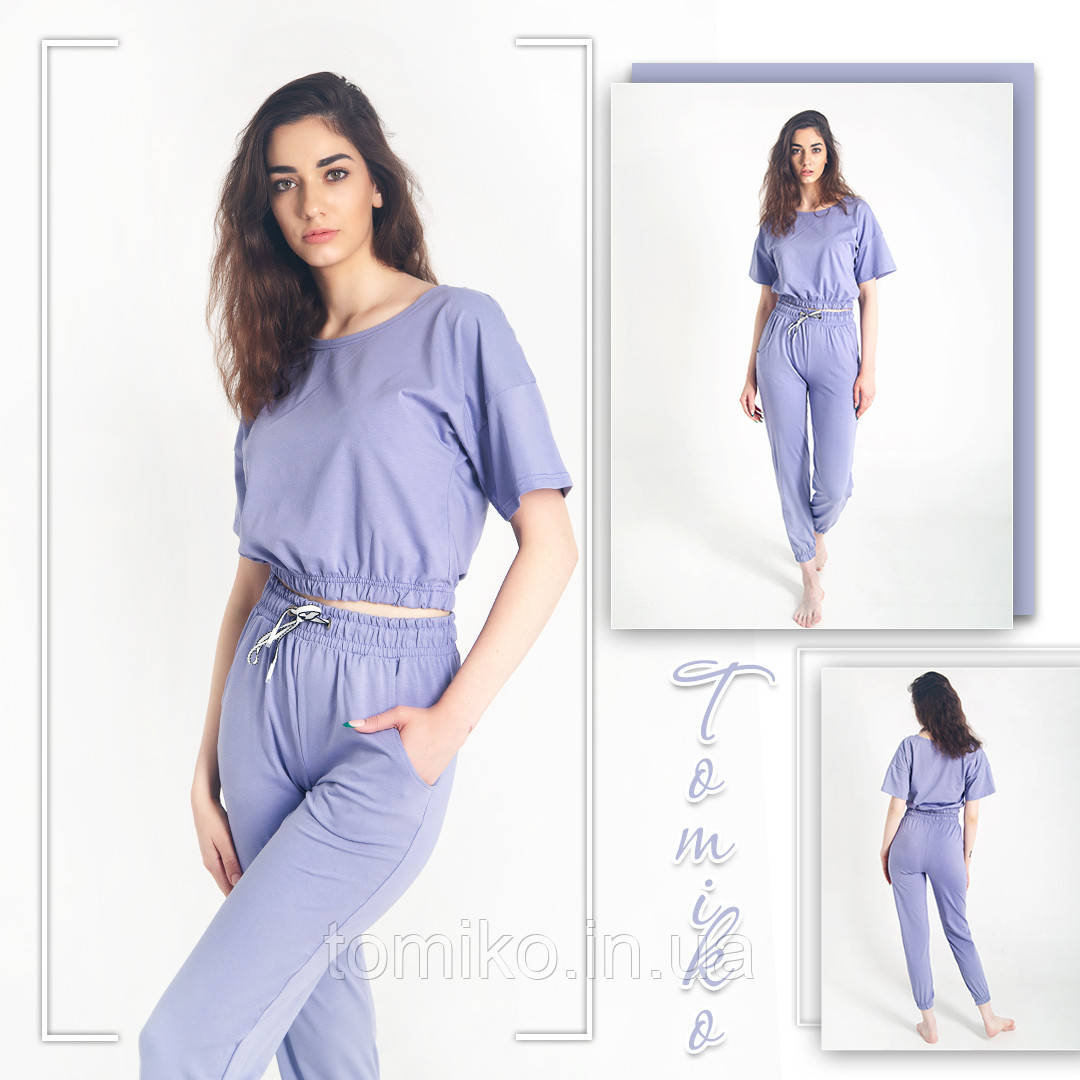 Сортувний костюм жіночий однотонний двонитка молодіжний ліловий (футболка-топ + штани) 44-46 р