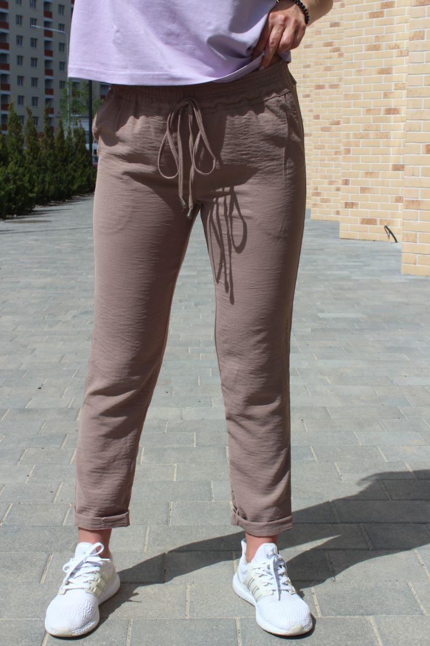 Штани жіночі льон жатка стрейчеві на літо темно бежевого кольору/укорочені молодіжні штани капрі