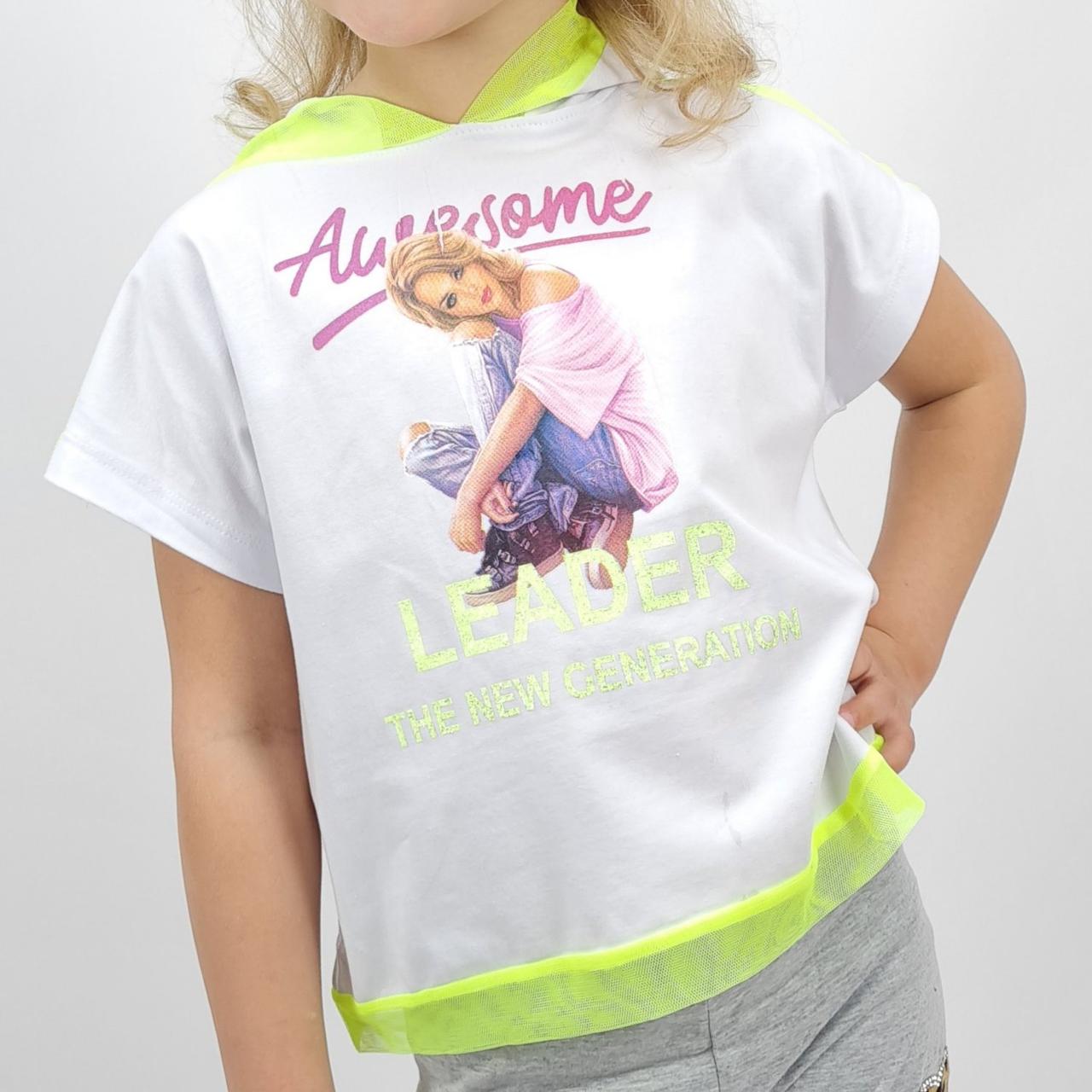 226-25бел Біла футболка топ для дівчинки Тм Miss Feriha з капюшоном