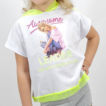 226-25бел Біла футболка топ для дівчинки Тм Miss Feriha з капюшоном, фото 1