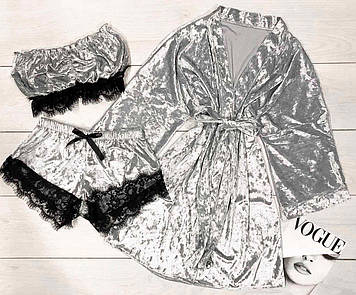Велюровий комплект трійка Сріблястий халат і піжама