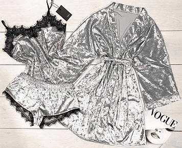 Халат велюровий + піжама Сріблястий комплект з мереживом із м'якого велюру