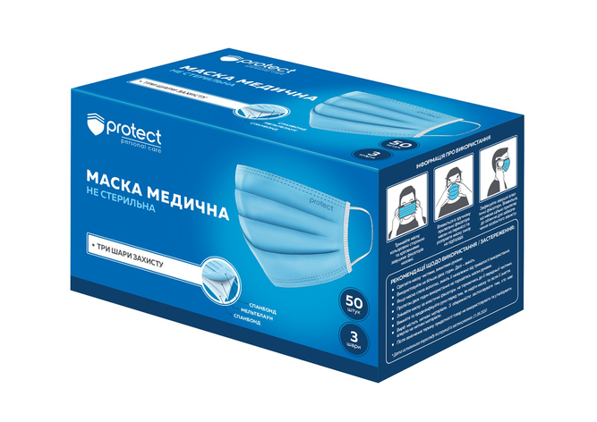 /Маски медичні голубобелые 3 шари SMS 50 шт/уп Protect, фото 1