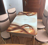 Раскладной обеденный кухонный комплект стол и стулья с 3D рисунком "Золотая волна" ДСП стекло 70*110 Лотос 3д