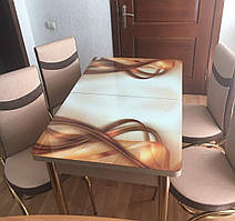 Розкладний обідній кухонний комплект стіл і стільці з 3D малюнком "Золота хвиля" ДСП скло 70*110 Лотос-М 3д