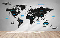 Наклейка на стену Карта мира с достопримечательностями и самолетами (туризм путешествия) матовая 1380х690 мм