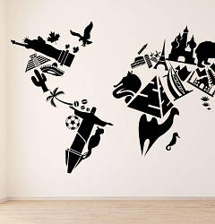 Наклейка на стіну Карта світу з чудес світу (пам'ятки етно) матова 1500х855 мм