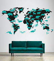 Декоративная наклейка Карта мира с животными (животные на карте рыбы материки планета) глянец 1500х790 мм