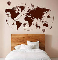 Декоративная наклейка Карта мира путешественника (карта воздушные шары самолеты материки) глянец 1200х620 мм