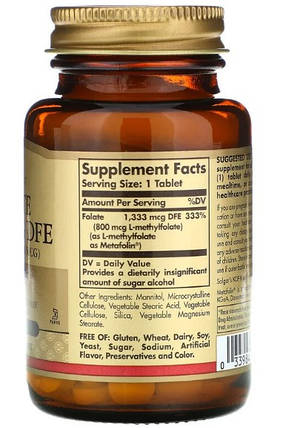 Фолієва кислота Solgar Folate 1,333 mcg DFE (Metafolin 800 mcg) 100 таб, фото 3